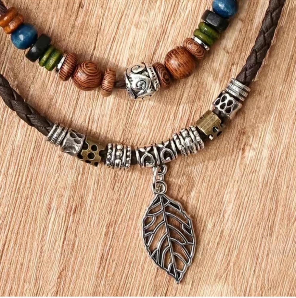 FALL LEAF Wood Beads Brown Cording Adjustable Necklace NEW!